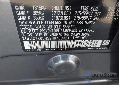 2017 Honda Hr-V Ex z USA, uszkodzony, nr VIN 3CZRU5H59HG708421